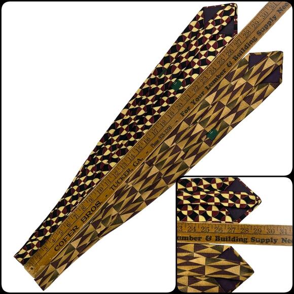 Tom James Bundle 2 Geometric Silk Neckties 60" Gold Cream Olive Purple Burgundy - Picture 9 of 10